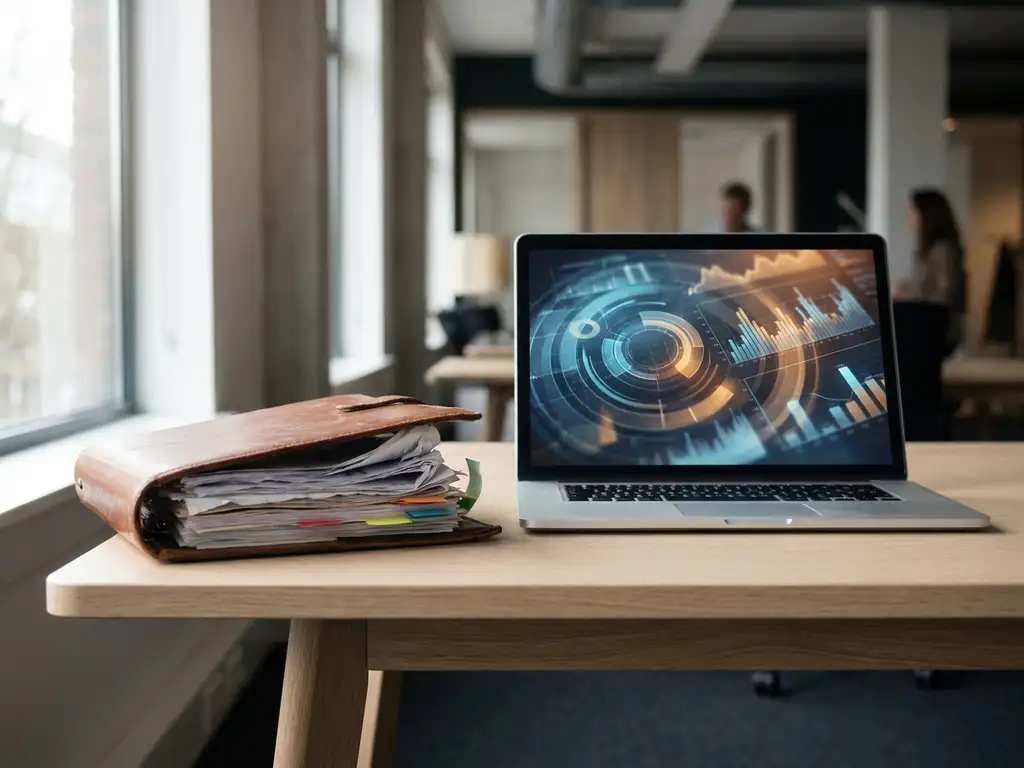 Laptop met data-visualisaties naast een leren auditmap op een modern bureau in een Nederlands softwarekantoor.
