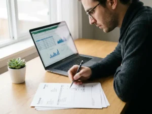 Ontwikkelaar bekijkt transparante prijsopgave op laptop met uitgeprinte offertes en potlood op licht eiken bureau.