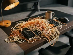 Wirwar van spaghetti over een modern bureau met mechanisch toetsenbord, verlicht door een amberkleurige lamp.