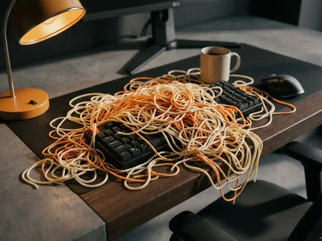 Wirwar van spaghetti over een modern bureau met mechanisch toetsenbord, verlicht door een amberkleurige lamp.