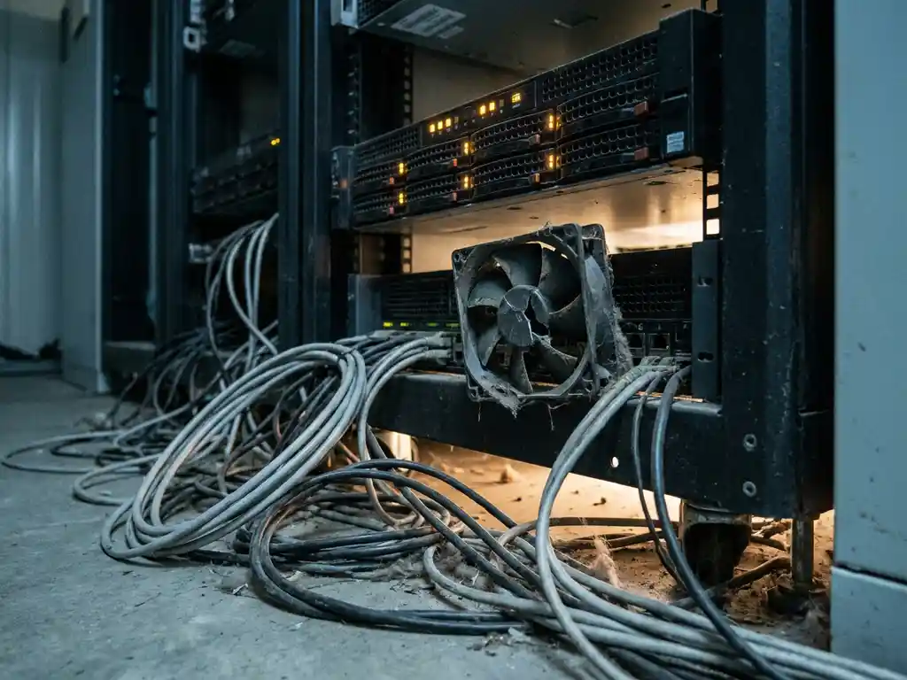 Verouderd serverrek met knipperende amberkleurige waarschuwingslichten, gebarsten koelventilator en stoffige ventilatieroosters in een donker datacenter.