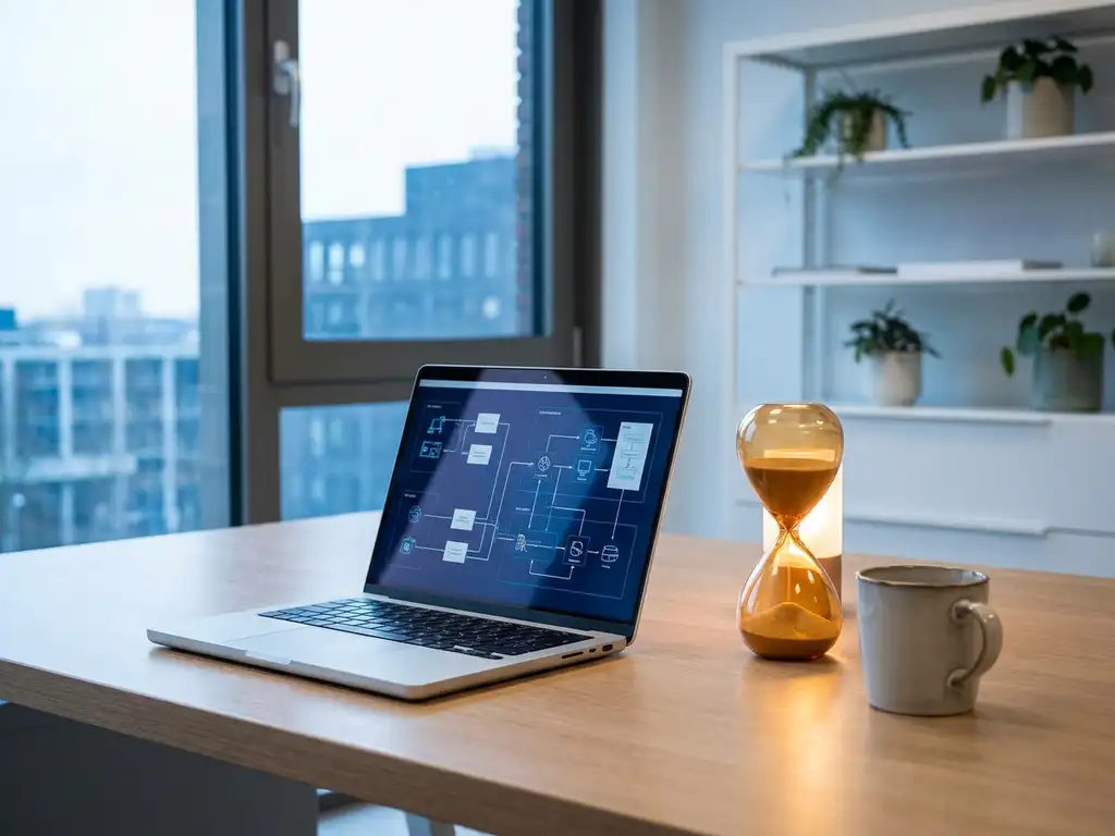 Laptop met systeemarchitectuurdiagrammen op minimalistisch bureau naast gloeiende zandloper in modern Nederlands kantoor.