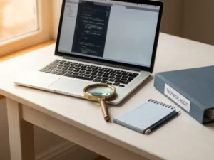 Vergrootglas en laptop met code naast checklist en technisch auditboek op wit bureau, natuurlijk raamlicht.