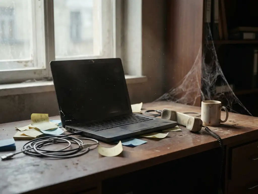 Verlaten kantoorbureau met donker laptopscherm, verstrengelde kabels, plakbriefjes en spinnenwebben in zacht daglicht.