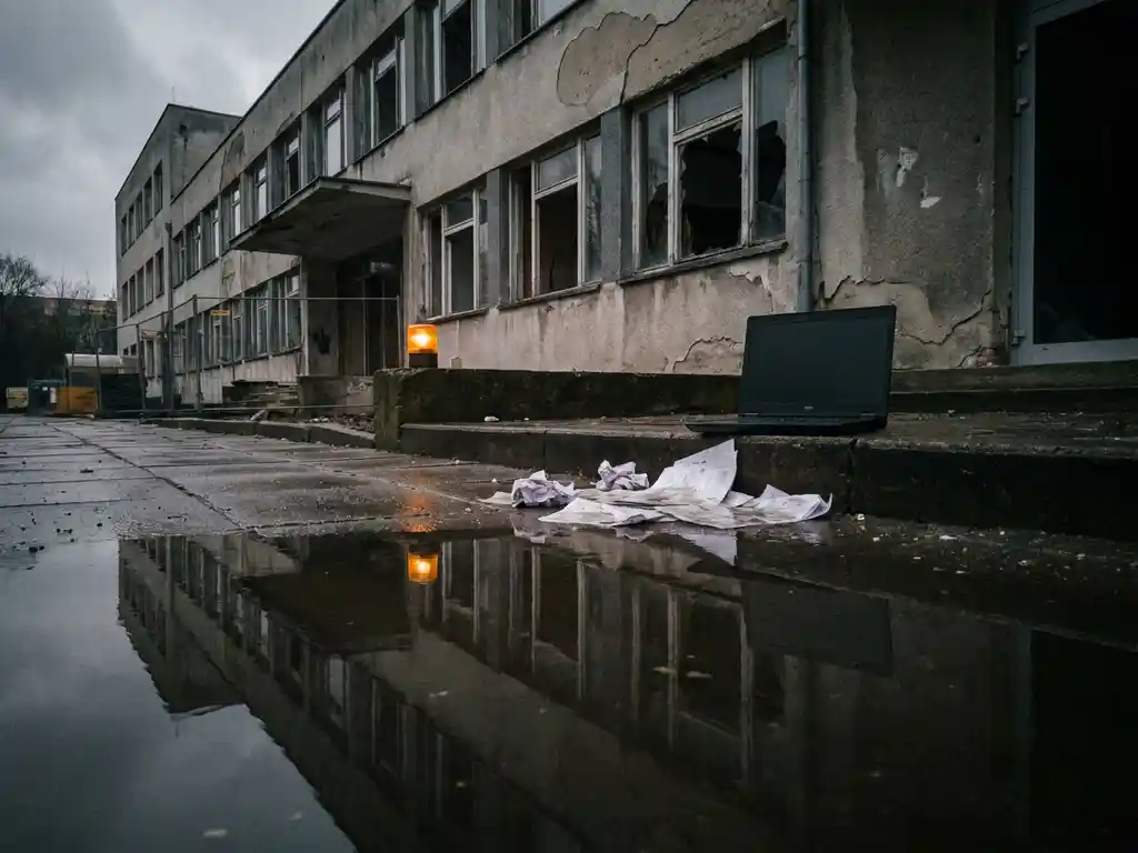 Verlaten laptop op natte betonnen trappen bij een vervallen kantoorgebouw, weerspiegeld in een donkere plas, met oplossenде documenten in de regen.