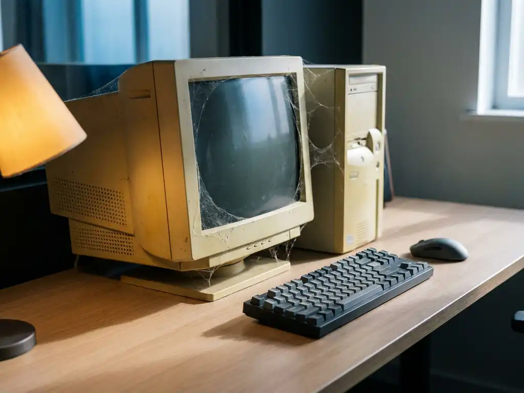 Verouderde CRT-monitor met spinnenwebben op een modern ontwikkelaarsbureau, naast een strak hedendaags toetsenbord.