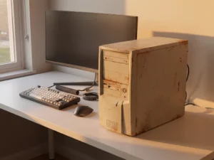 Verouderde gebarsten computertower op modern ontwikkelaarsbureau, omringd door hedendaagse hardware en nette kabelmanagement in warm amberkleurig licht.
