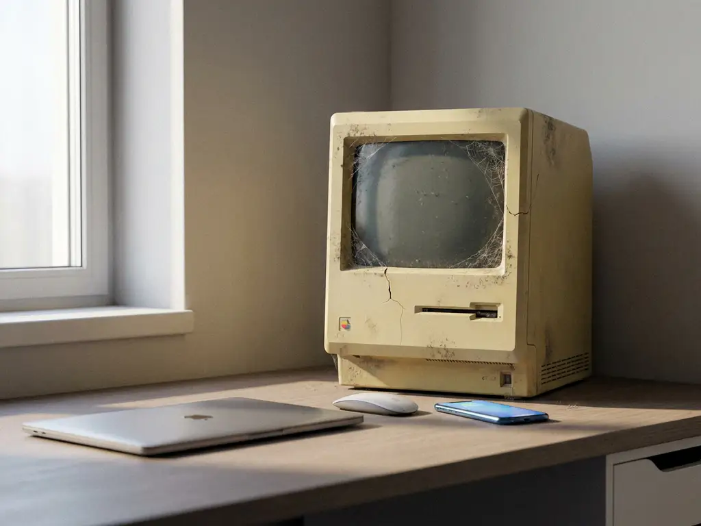 Verouderde beige desktopcomputer met gebarsten behuizing en spinnenwebben op een modern kantoorbureau naast eigentijdse apparatuur.