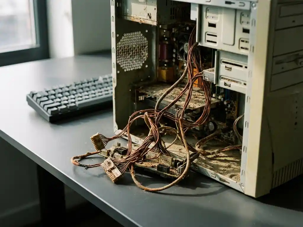 Verouderde computerbehuizing met gerafelde koperen draden en gecorrodeerde connectoren op een modern bureau met strak toetsenbord op de achtergrond.