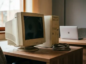 Stoffige verouderde CRT-monitor met loszittende stroomkabel op modern bureau, met een hedendaagse laptop vaag op de achtergrond.