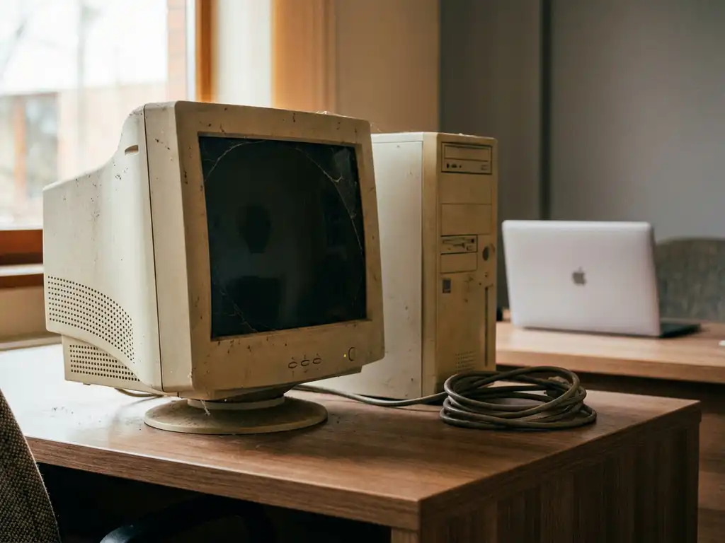 Stoffige verouderde CRT-monitor met loszittende stroomkabel op modern bureau, met een hedendaagse laptop vaag op de achtergrond.