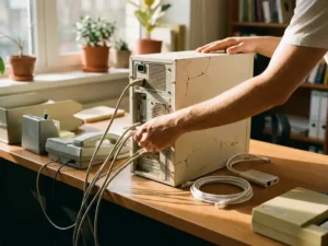 Verouderde desktopcomputer wordt losgekoppeld, vervangen door moderne ethernetkabel op opgeruimd bureau in middaglicht.