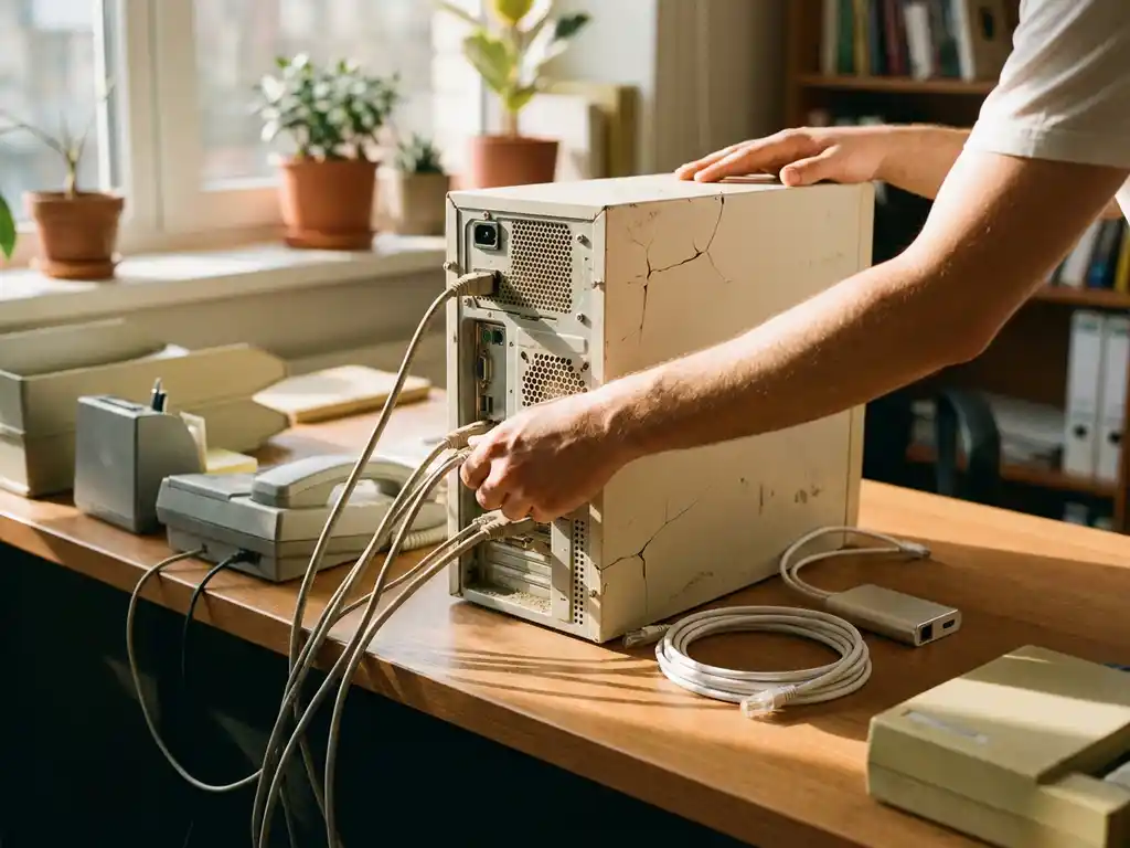 Verouderde desktopcomputer wordt losgekoppeld, vervangen door moderne ethernetkabel op opgeruimd bureau in middaglicht.