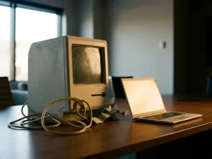 Verouderde desktopcomputer met gebarsten scherm en vergeelde kabels naast een moderne laptop op een kantoorbureau.