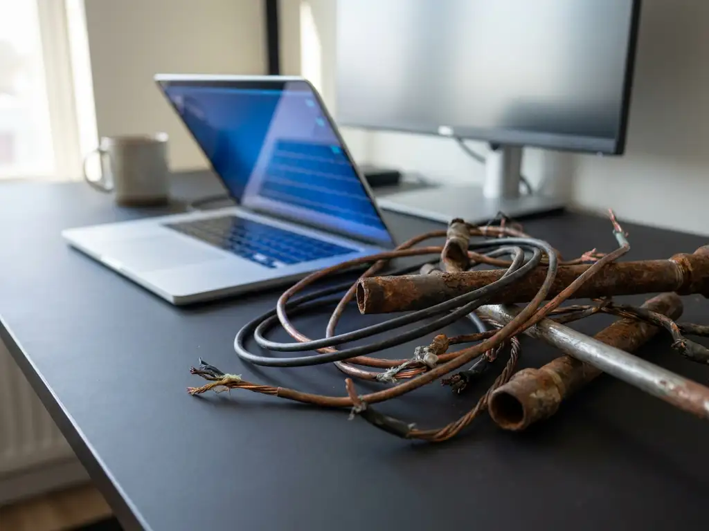 Verroeste leidingen en aangetaste koperen bedrading op een modern bureau naast een open laptop met blauw scherm, symbool voor technische schuld.