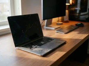 Verouderde laptop met gebarsten behuizing en ontbrekende toetsen op modern bureau, omgeven door werkende apparatuur in zachte natuurlijke belichting.