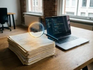 Vergeelde legacy code-documenten naast moderne laptop op houten bureau, met gloeiend vergrootglas dat AI-analyse van oude software symboliseert.