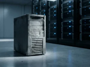 Verouderde servertoren met spinnenwebben en gebarsten behuizing, omgeven door moderne rack-servers met blauwe LED-verlichting op de achtergrond.