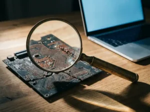 Vergrootglas boven verouderde serverhardware met roestkleurige circuitsporen op een ontwikkelaarsbureau, laptop zichtbaar op de achtergrond.