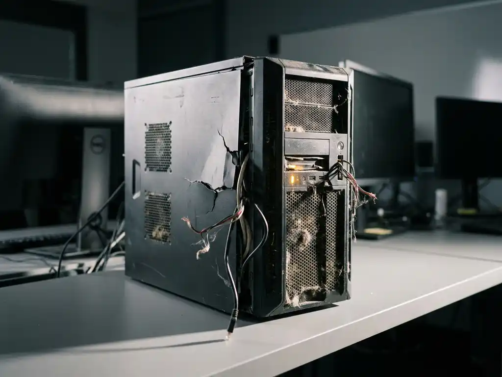 Verouderde servertoren met scheuren, rafelige kabels en verstopte ventilatieopeningen op een modern IT-werkblad.