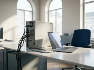Verouderde gebarsten servertoren naast een moderne laptop op een wit bureau, symbool voor IT-migratie van legacy naar moderne infrastructuur.