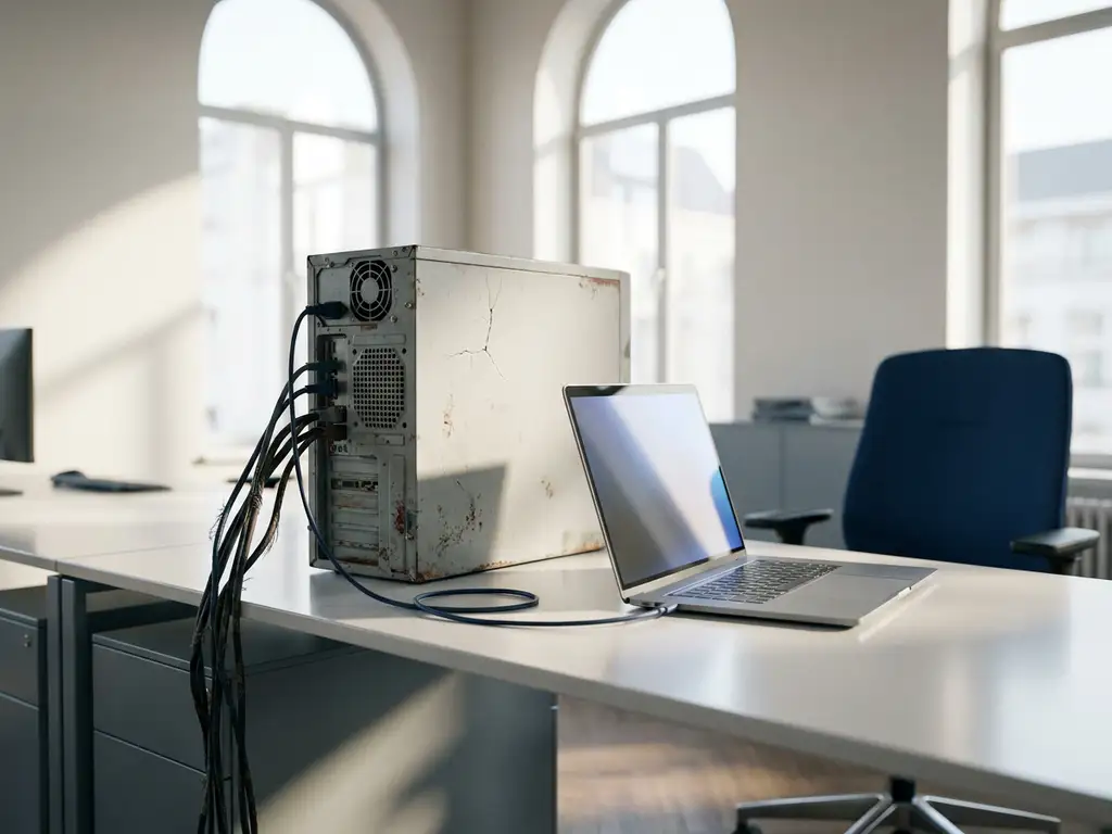 Verouderde gebarsten servertoren naast een moderne laptop op een wit bureau, symbool voor IT-migratie van legacy naar moderne infrastructuur.