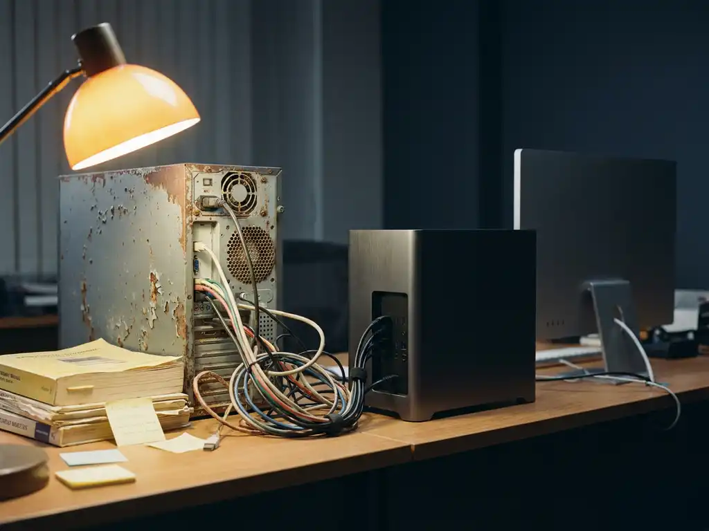 Verouderde servertoren met verstrengelde kabels naast moderne werkstation op ontwikkelaarsdesk, verlicht door warm amberkleurig bureaulamp.