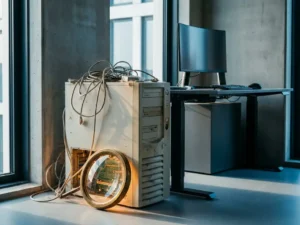 Verouderde serverbehuizing met verstrengelde kabels naast een modern werkstation, vergrootglas onthult schone circuits, kantooromgeving met betonnen muren.