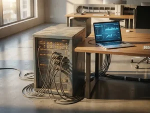 Verouderd serverrek met knipperende amber lampjes naast een laptop met diagnostische scan in een modern Nederlands kantoor.