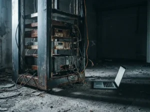 Verouderd serverrek met roestige panelen en rafelige kabels naast een moderne laptop in een verlaten, stoffige serverruimte.
