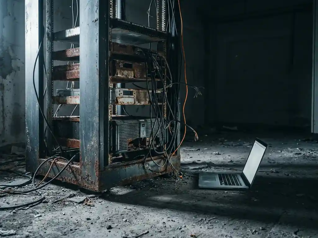 Verouderd serverrek met roestige panelen en rafelige kabels naast een moderne laptop in een verlaten, stoffige serverruimte.