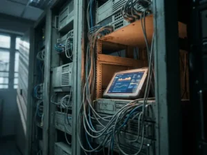 Verouderd serverrek met verstrengelde kabels en moderne diagnostische tool in een donkere serverruimte.
