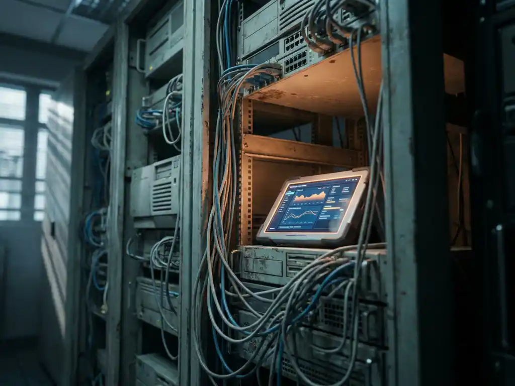 Verouderd serverrek met verstrengelde kabels en moderne diagnostische tool in een donkere serverruimte.