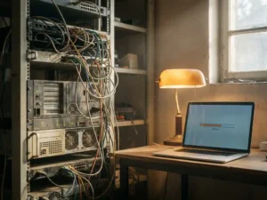 Verouderd serverrek met verstrengelde kabels naast moderne laptop met diagnostische scan, verlicht door amberkleurige bureaulamp.