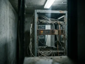 Verouderd serverrek met stoflaag en verwarde kabels in donkere serverruimte, amber diagnostisch lampje knippert op oud bedieningspaneel.