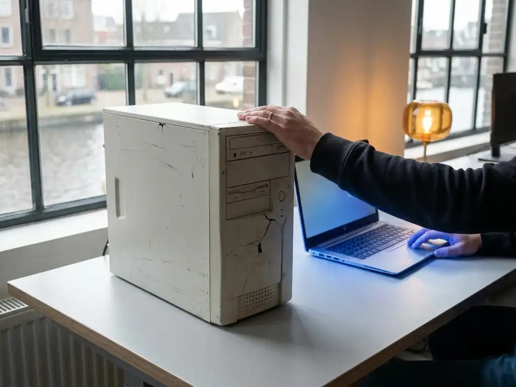 Verouderde server op modern bureau met technicus die er bedachtzaam de hand op legt, laptop op achtergrond in Nederlands kantoor.
