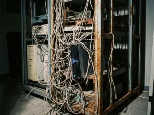 Moderne serverblade bekneld in verroest serverrek met verouderde kabels en stoffige hardware in een schemerige serverruimte.