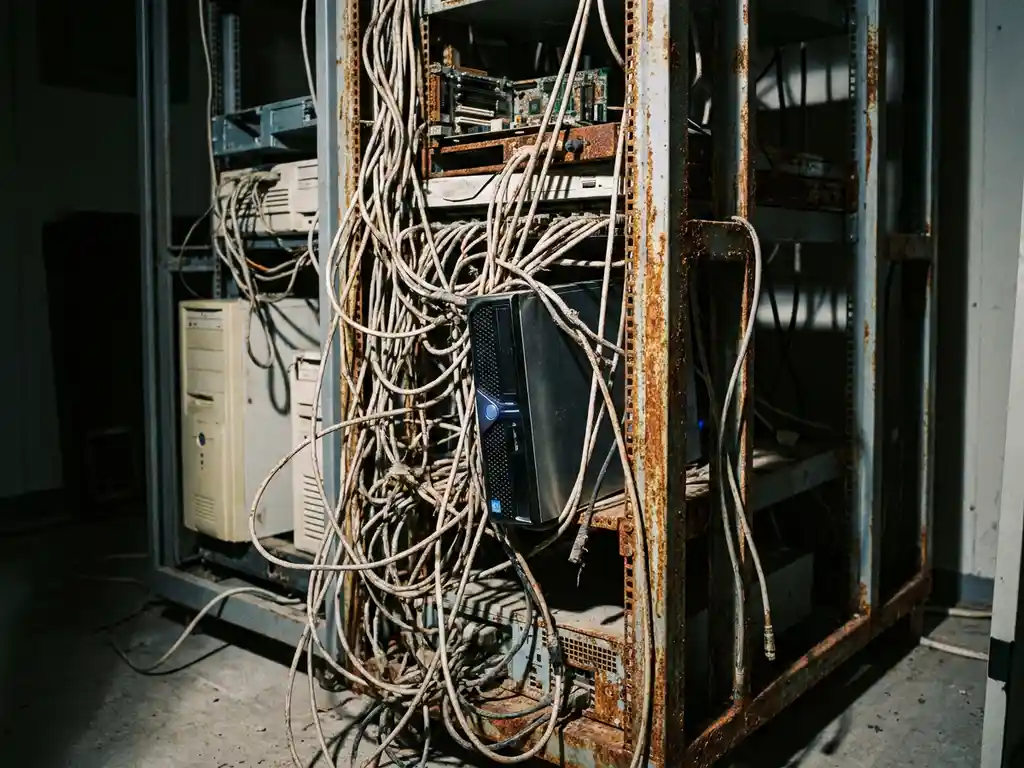 Moderne serverblade bekneld in verroest serverrek met verouderde kabels en stoffige hardware in een schemerige serverruimte.