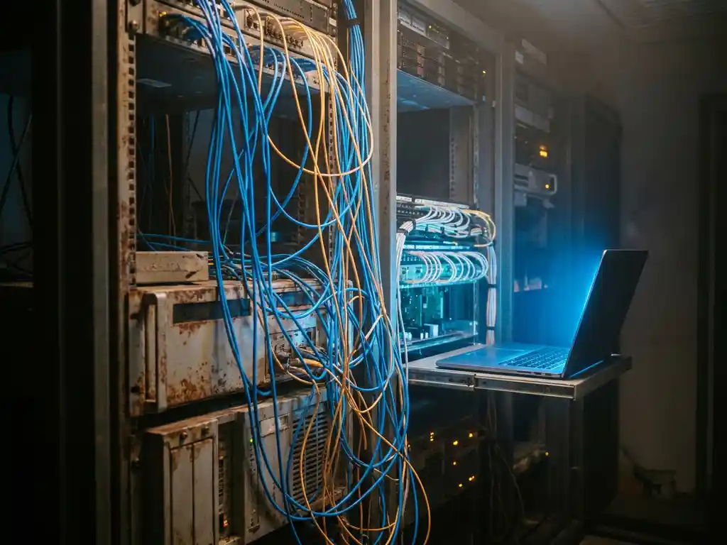 Verouderde servers met verstrengelde glasvezelkabels in donkere serverruimte, verlicht door blauw laptoplicht dat structuur onthult.
