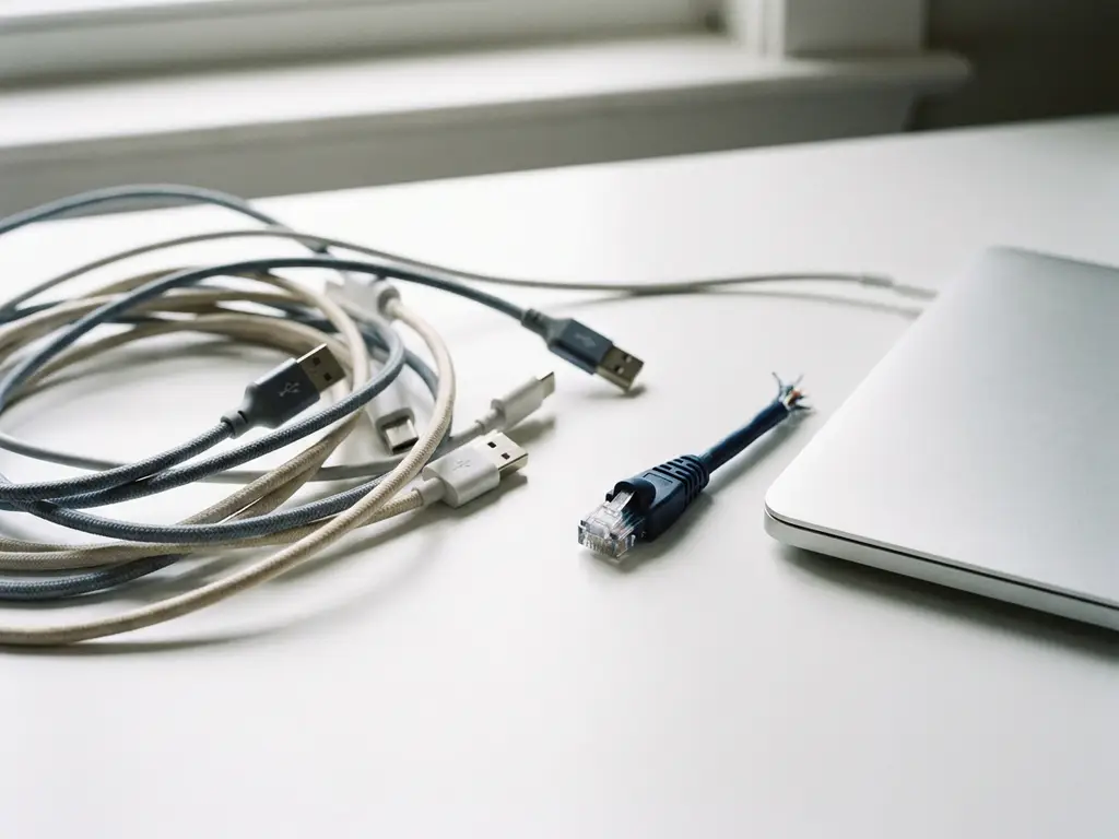 Wirwar van losgekoppelde ethernet- en netwerkkabels op wit bureau naast laptop, één stekker opzettelijk los.