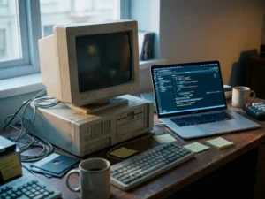 Stoffige vintage desktopcomputer met floppydisks naast een moderne laptop op een ontwikkelaarsbureau, zachte natuurlijke belichting.