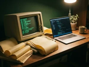 Vintage mainframe terminal met groen fosforscherm naast moderne laptop, omgeven door vergeeld ponskaartpapier op een ontwikkelaarsbureau.