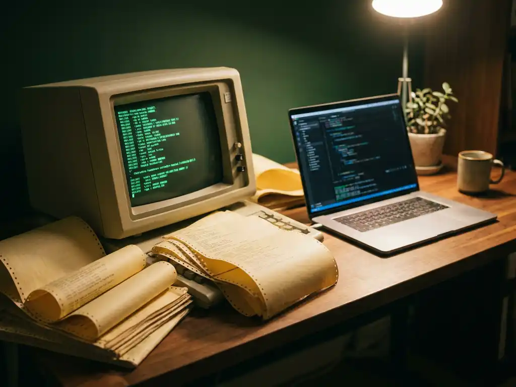 Vintage mainframe terminal met groen fosforscherm naast moderne laptop, omgeven door vergeeld ponskaartpapier op een ontwikkelaarsbureau.