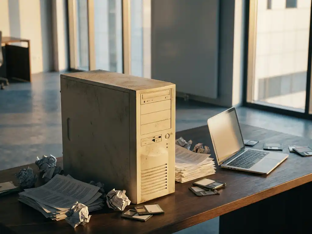 Verouderde stoftige servertoren naast een moderne laptop, omringd door diskettes en printdocumentatie op een minimalistisch bureau in warm licht.