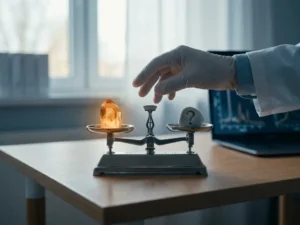 Wetenschappershand boven precisieweegschaal met gloeiend amber datakristal tegenover vraagtekensteen, zakelijke bureauomgeving.