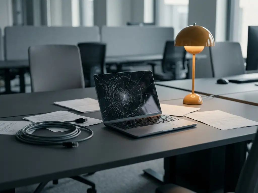 Gebarsten laptopscherm op modern kantoorbureau met verspreide papieren en loshangende ethernetkabel in warm amberkleurig licht.