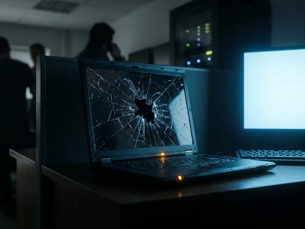 Gebarsten laptopscherm met splintering glas op bureau in donkere ontwikkelaarsruimte, verlicht door koud blauw monitorlicht.