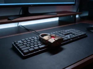 Gebarsten hangslot met rode gloed op modern toetsenbord, symboliseert een cyberaanval of beveiligingslek in softwareontwikkeling.