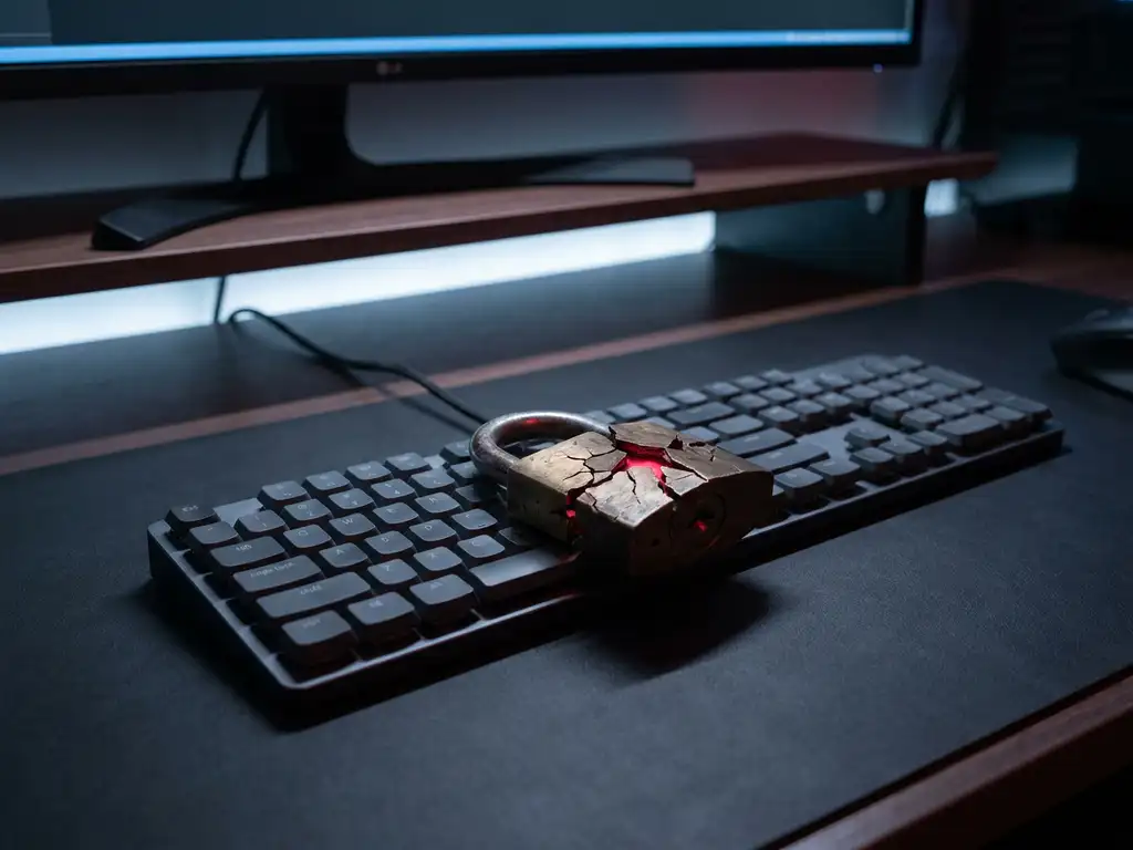 Gebarsten hangslot met rode gloed op modern toetsenbord, symboliseert een cyberaanval of beveiligingslek in softwareontwikkeling.