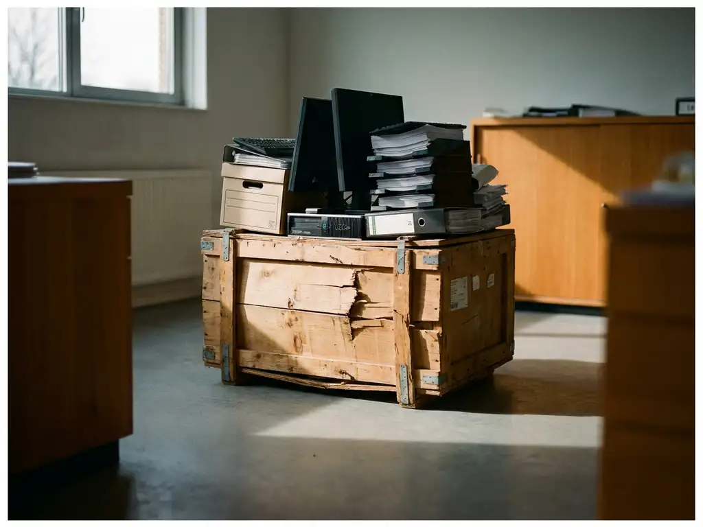 Gebarsten houten krat bezwijkt onder stapel kantoorapparatuur en dossiers in een minimalistisch Nederlands kantoor.
